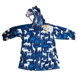 NWT HAS Kids Boys Safari Print Blue Raincoat Size 2T Packable Hood Lightweight